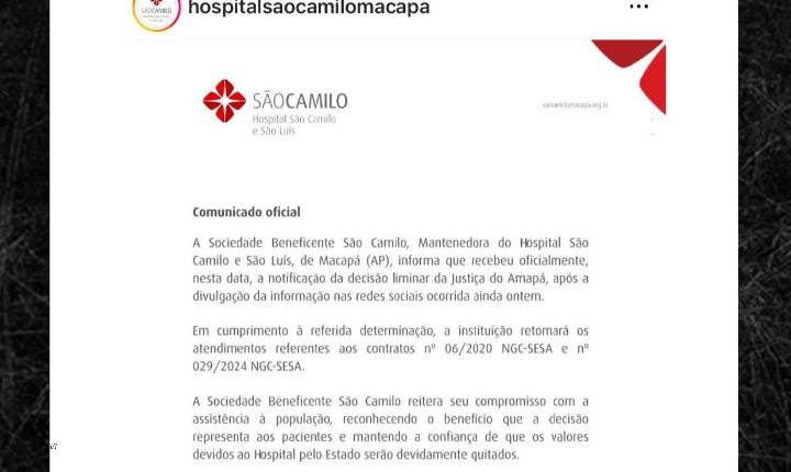 Hospital São Camilo anuncia retorno dos atendimentos após decisão judicial