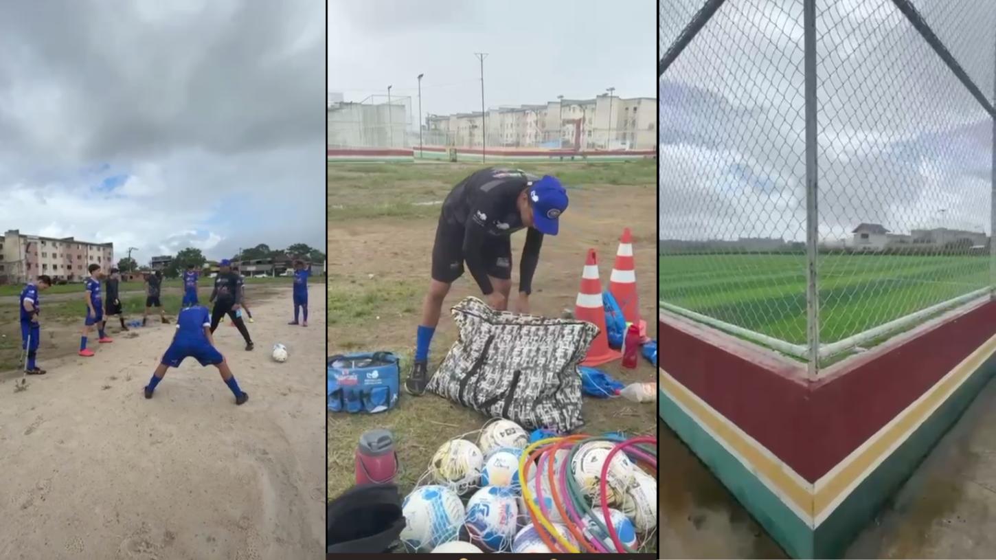 Crianças do Macapaba treinam em chão batido enquanto arena do residencial fica fechada