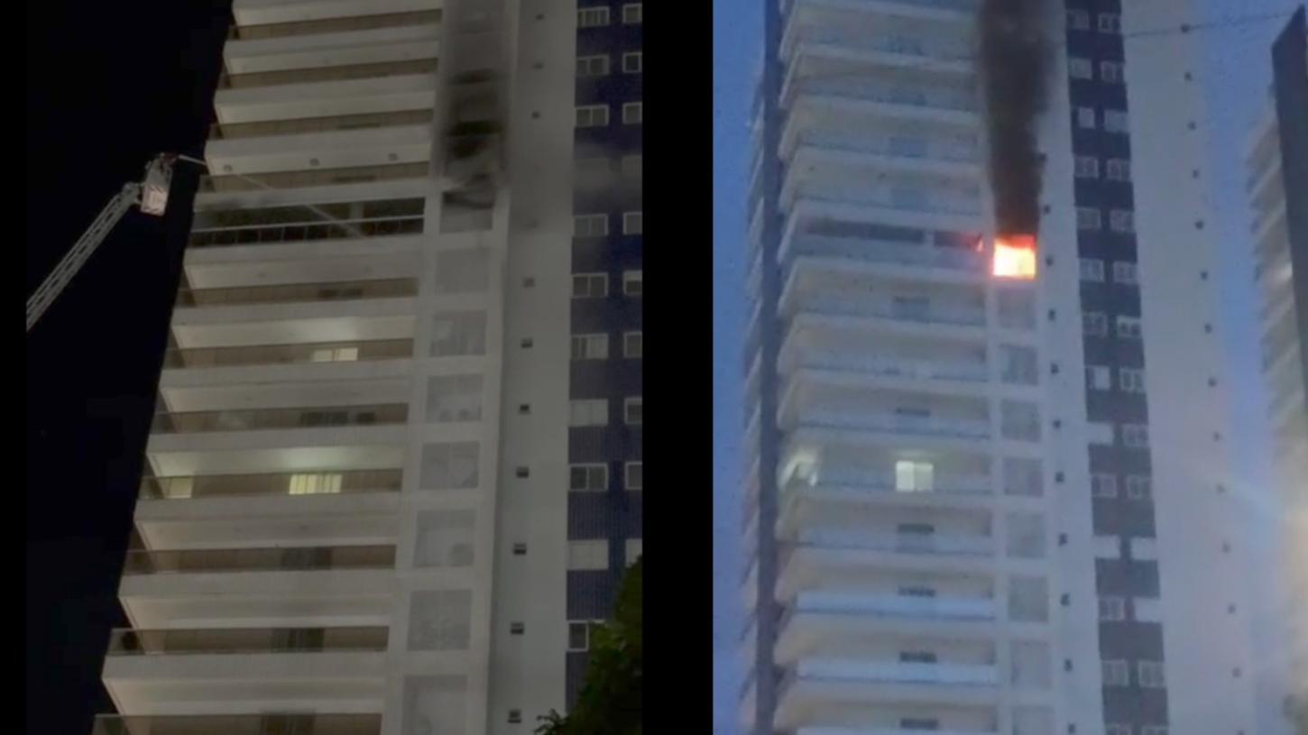 Susto em prédio: incêndio atinge apartamento e bombeiros agem rápido com escada magirus